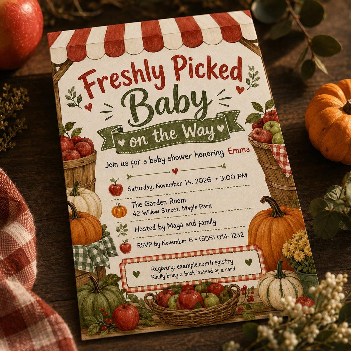 Harvest Apple Baby Shower Invitation — digital invitation, instant download