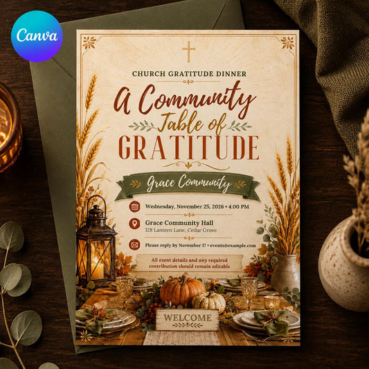 Harvest Church Thanksgiving Dinner Invitation — editable Canva template