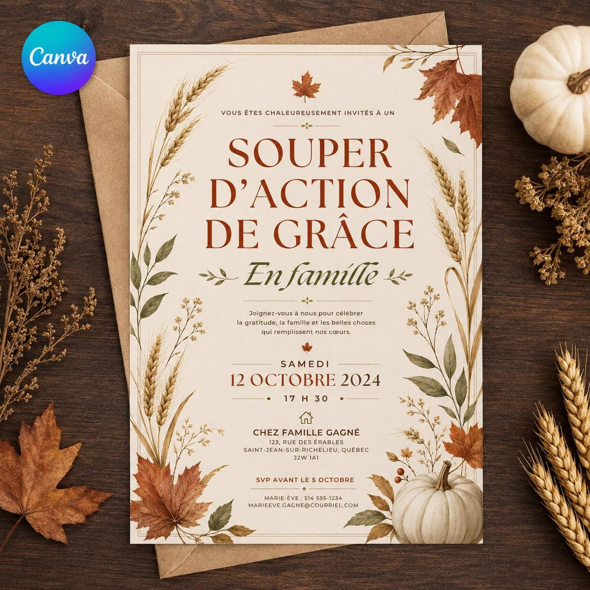 Harvest French Thanksgiving Invitation — editable Canva template