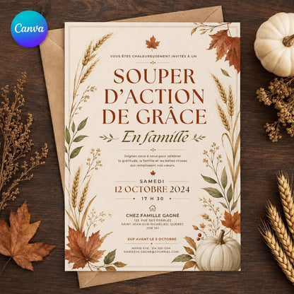 Harvest French Thanksgiving Invitation — editable Canva template
