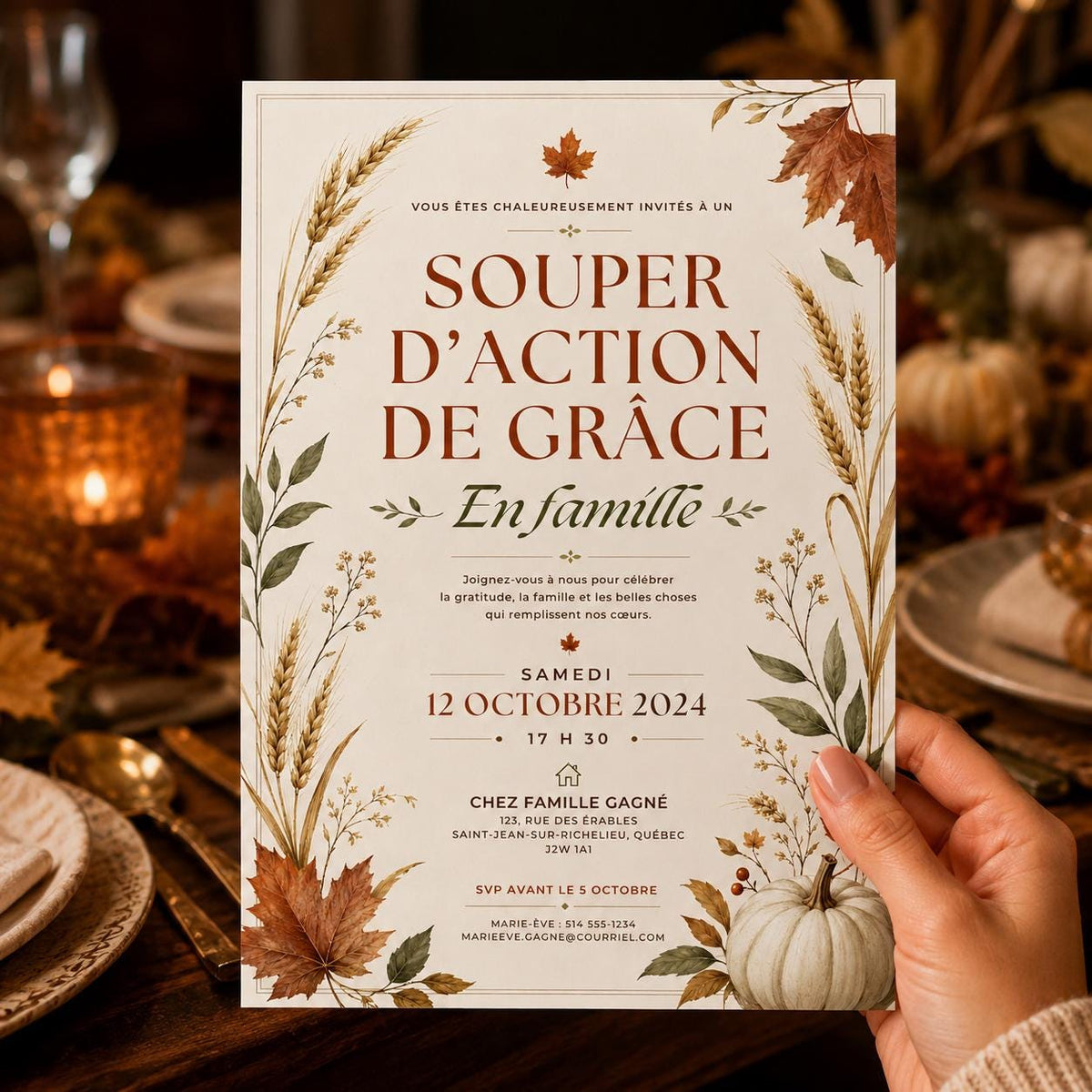 Harvest French Thanksgiving Invitation — print-ready Thanksgiving gathering design from VoltBy
