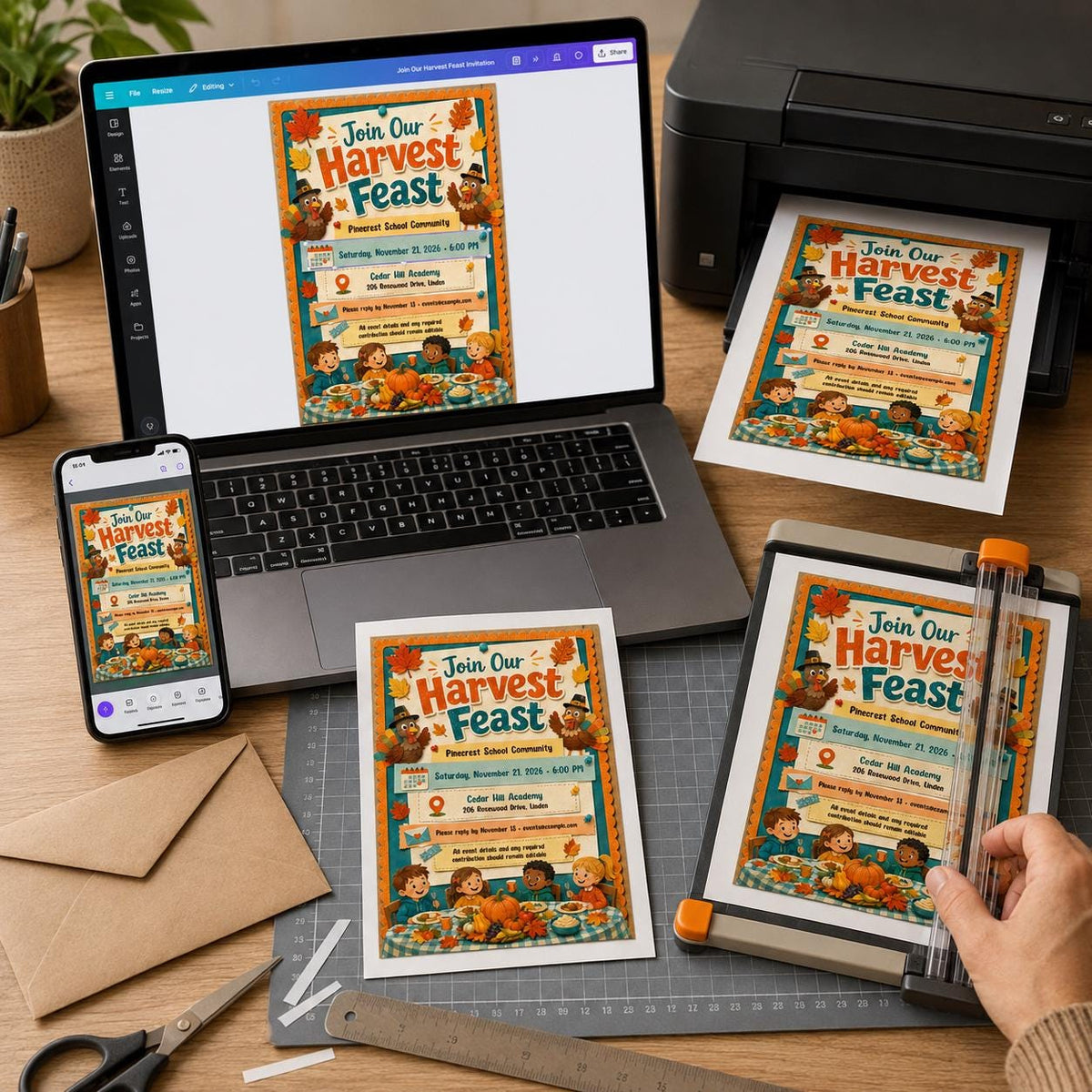 Harvest School Thanksgiving Feast Invitation — print-ready Thanksgiving gathering design from VoltBy