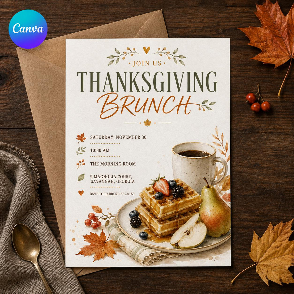 Harvest Thanksgiving Brunch Invitation — editable Canva template
