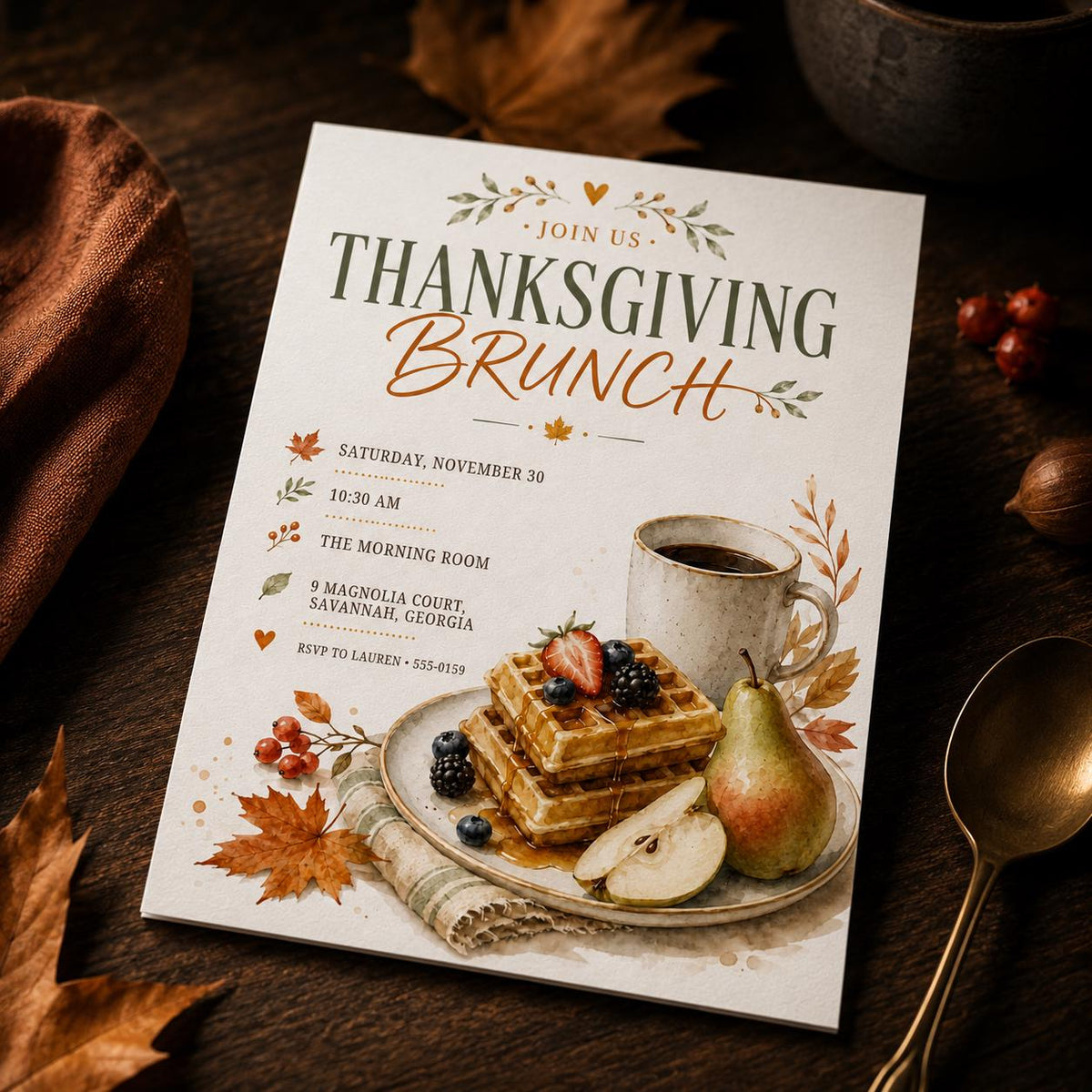 Harvest Thanksgiving Brunch Invitation — Thanksgiving gathering stationery by VoltBy