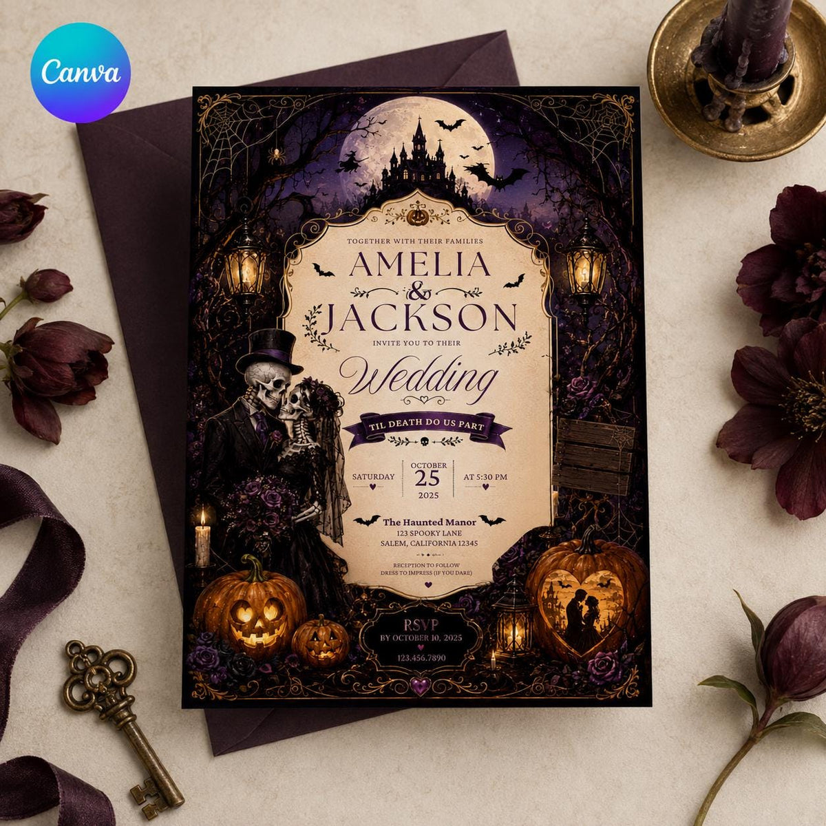 Haunted Castle Halloween Wedding Invitation — editable Canva template