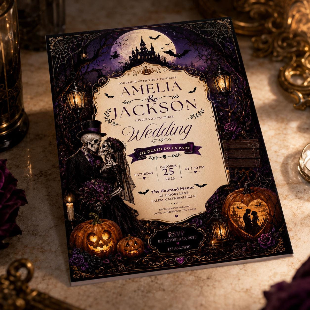 Haunted Castle Halloween Wedding Invitation in black and orange