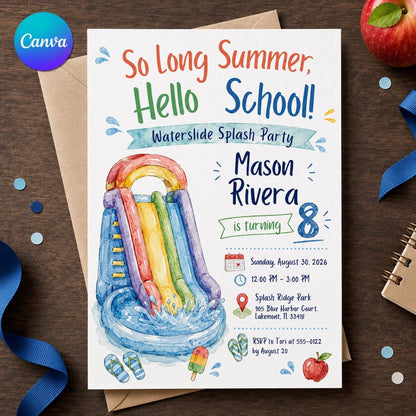Hello School Water Slide 8th Birthday Invitation — editable Canva template
