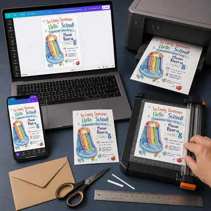 Hello School Water Slide 8th Birthday Invitation — watercolor 8th birthday party design