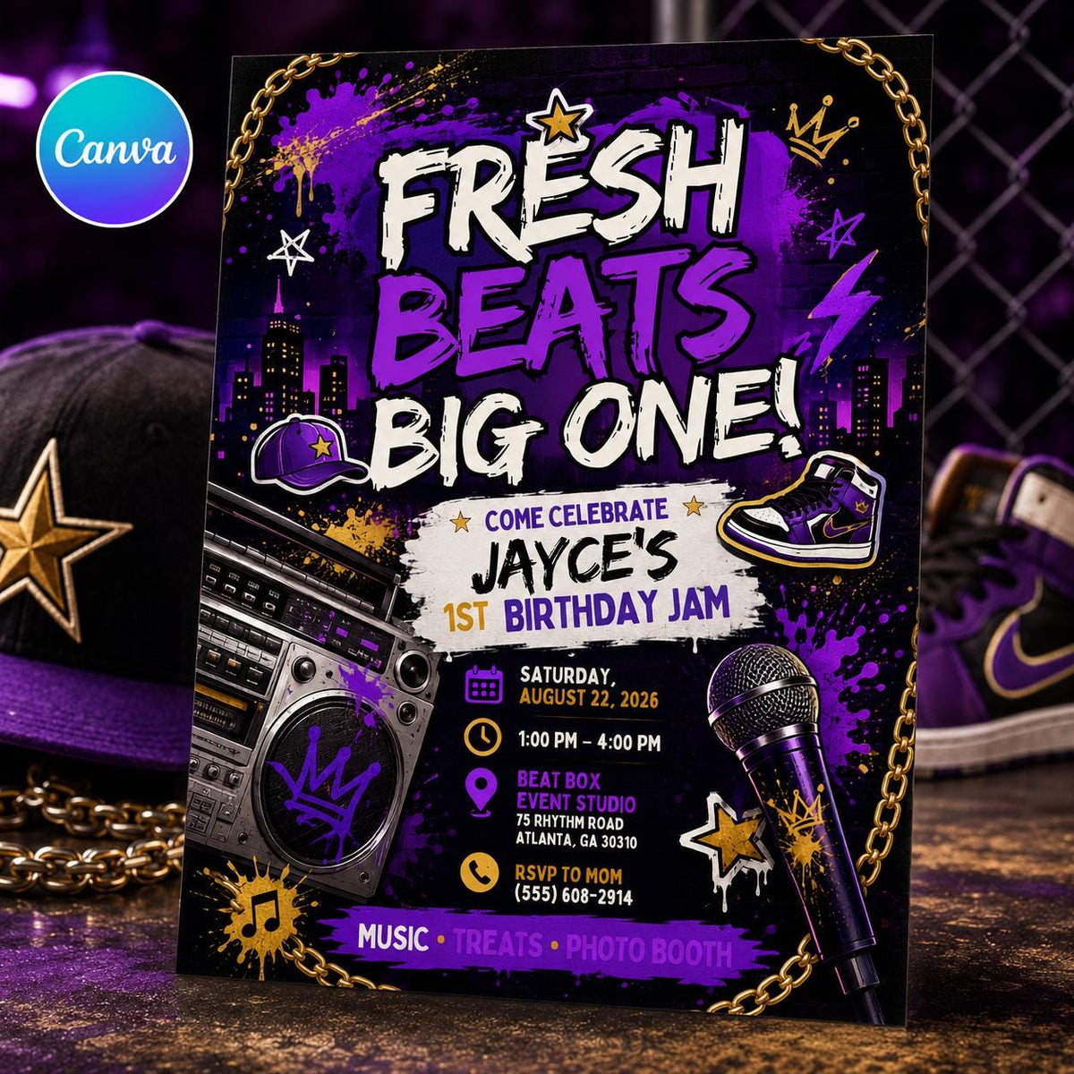 Hip Hop First Birthday Invitation — editable Canva template