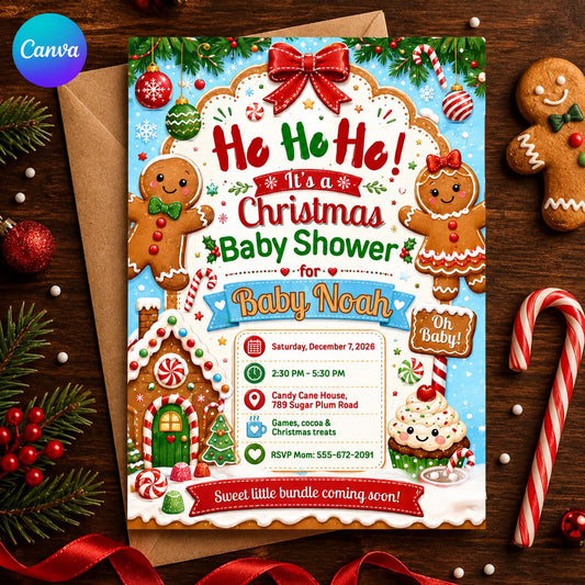 Ho Ho Ho Gingerbread Christmas Baby Shower Invitation — editable Canva template