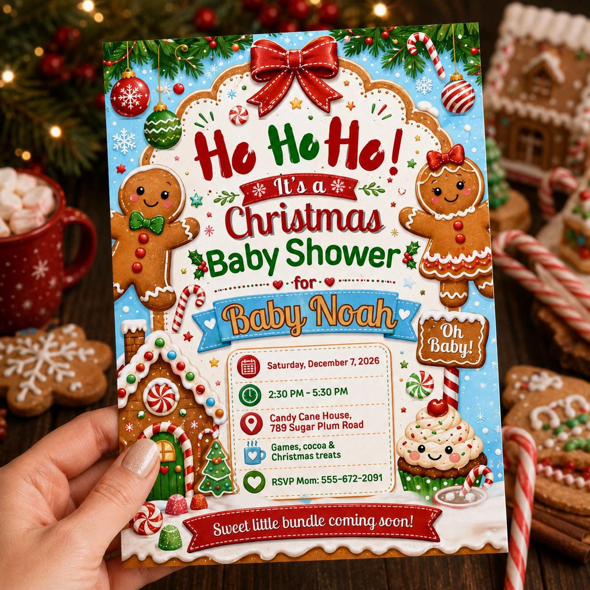 Ho Ho Ho Gingerbread Christmas Baby Shower Invitation — bow and candy design
