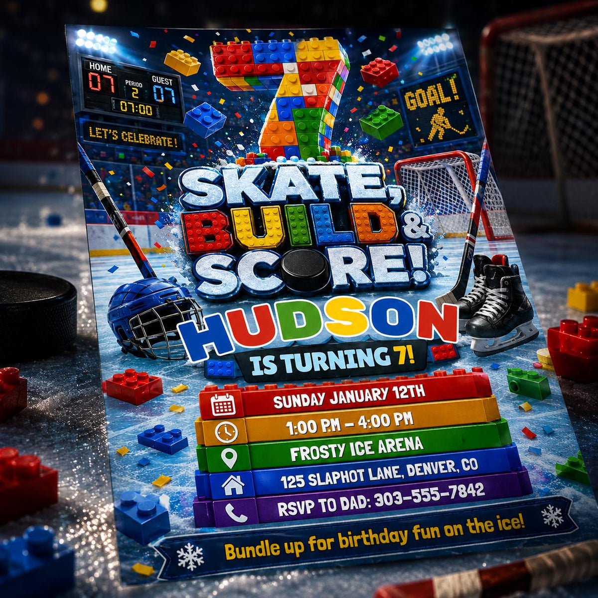 Hockey 7th Birthday Invitation — invitation you personalize in Canva