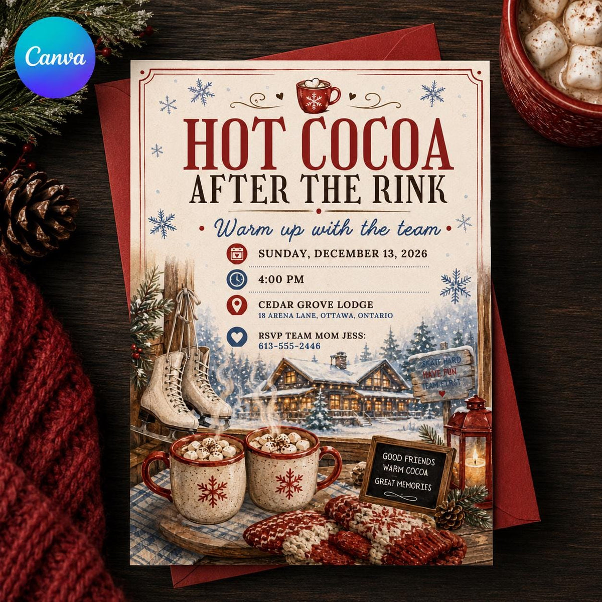 Hockey Hot Cocoa After the Rink Invitation — editable Canva template