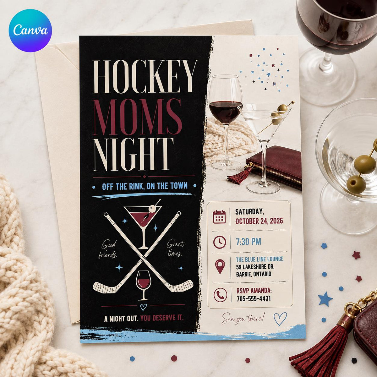 Hockey Moms Night Invitation — editable Canva template