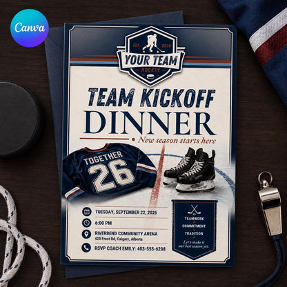Hockey Team Kickoff Dinner Invitation — editable Canva template