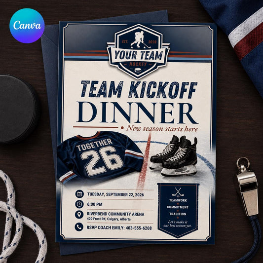 Hockey Team Kickoff Dinner Invitation — editable Canva template