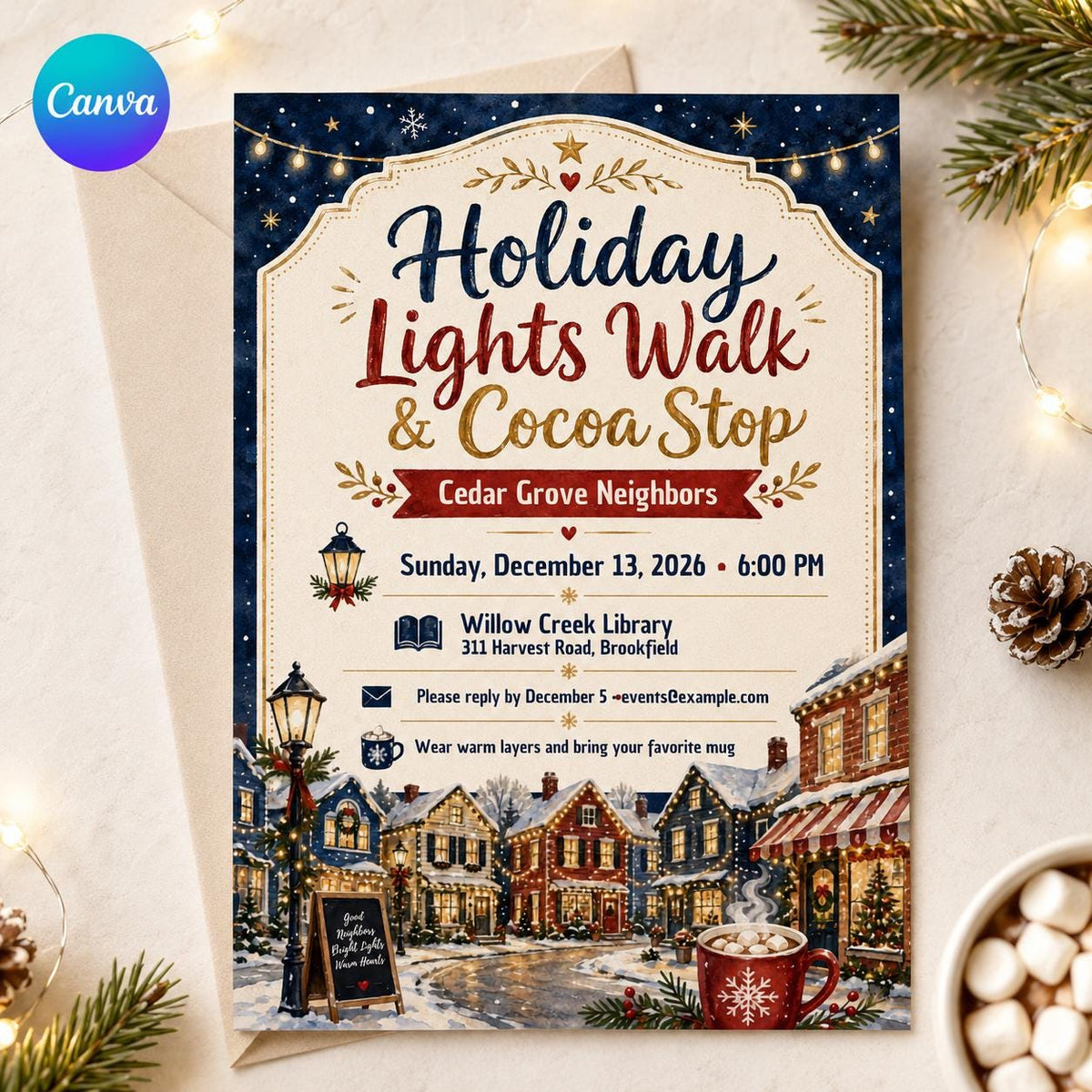Holiday Lights Walk Invitation — editable Canva template
