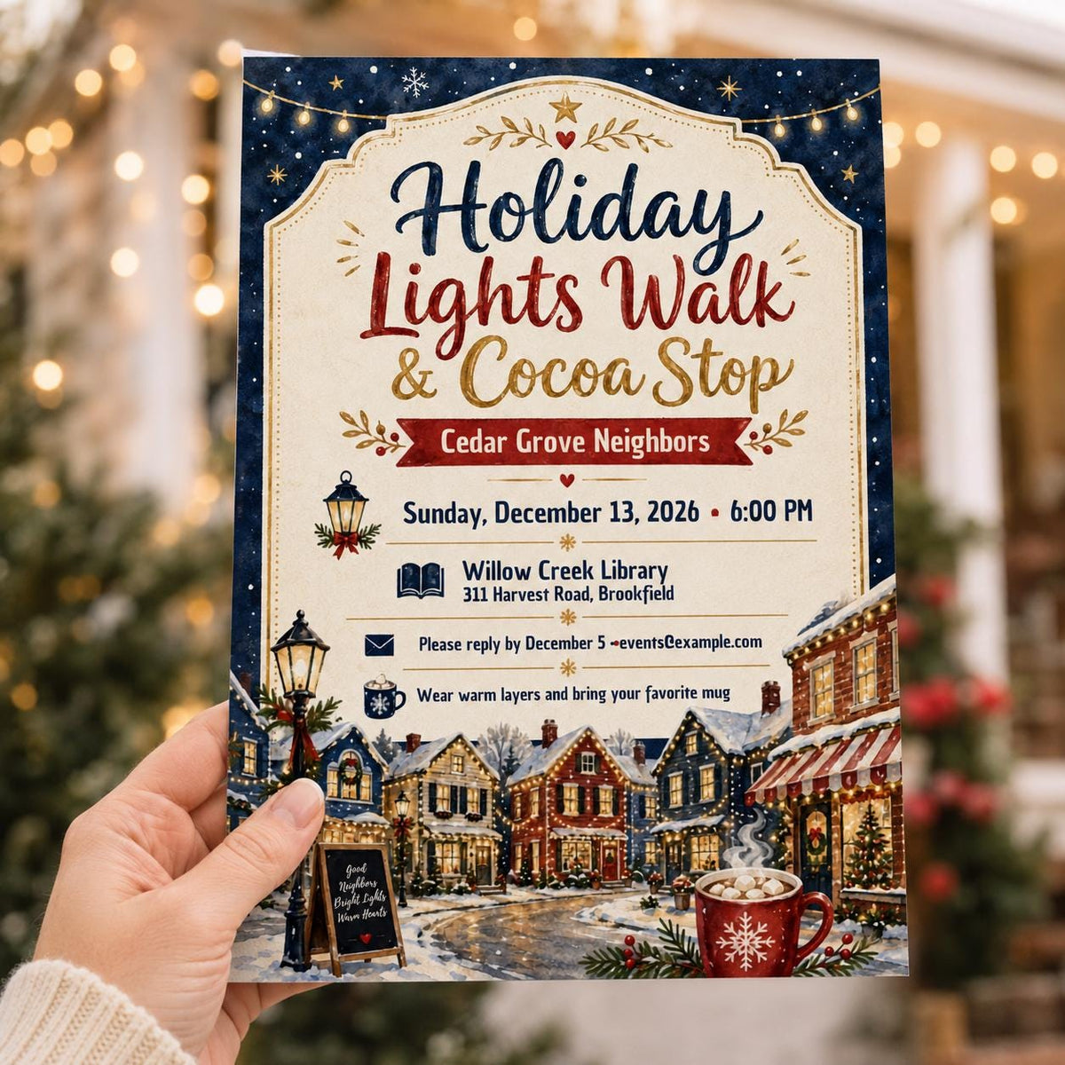 Holiday Lights Walk Invitation — print-ready Christmas celebration design from VoltBy