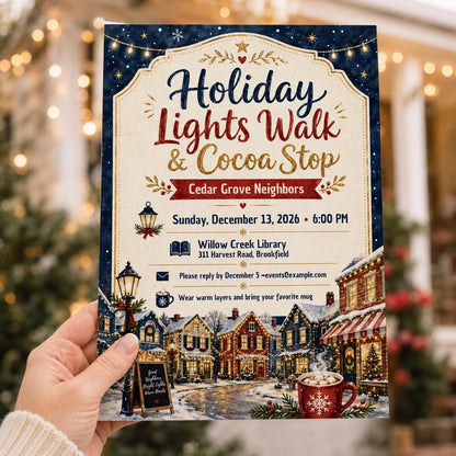 Holiday Lights Walk Invitation — print-ready Christmas celebration design from VoltBy