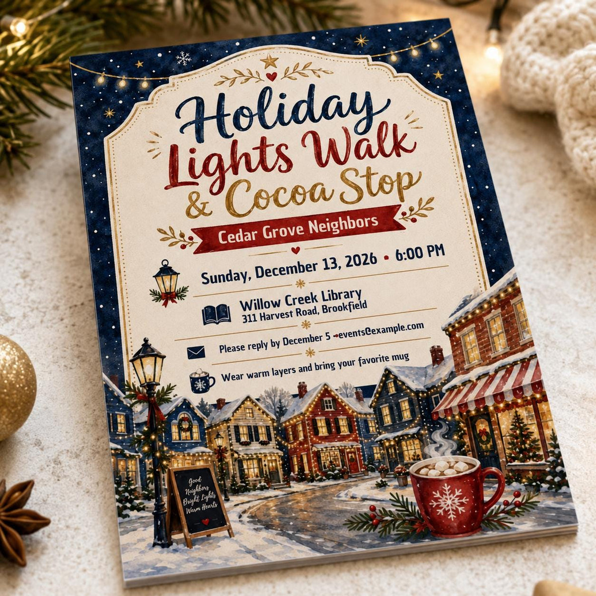 Holiday Lights Walk Invitation — Christmas celebration stationery by VoltBy