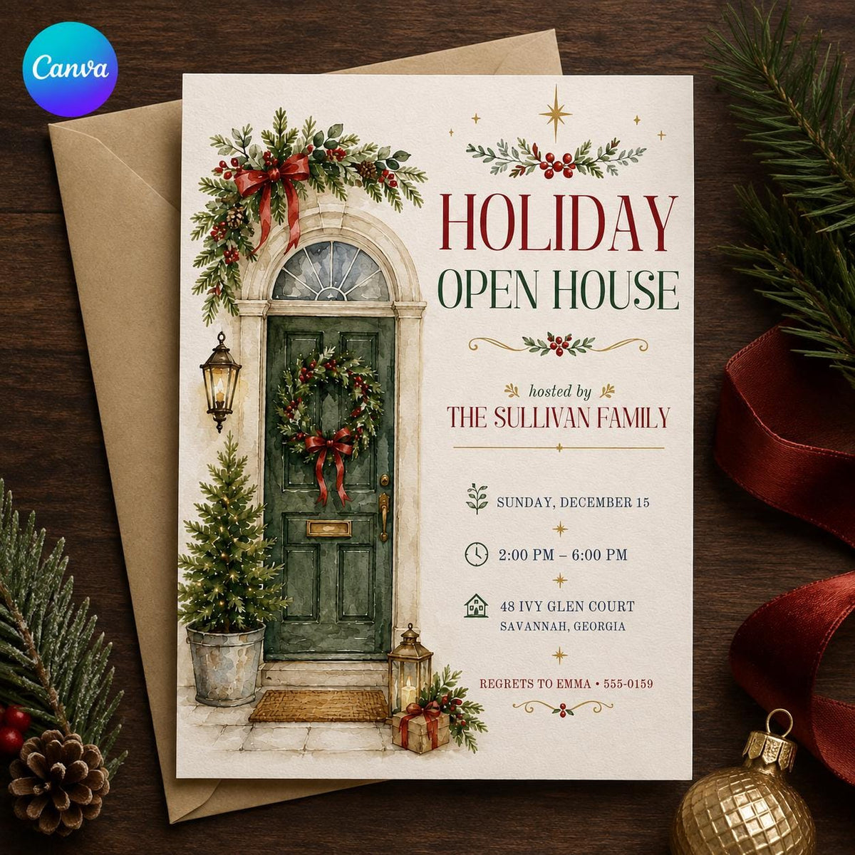 Holiday Open House Invitation — editable Canva template