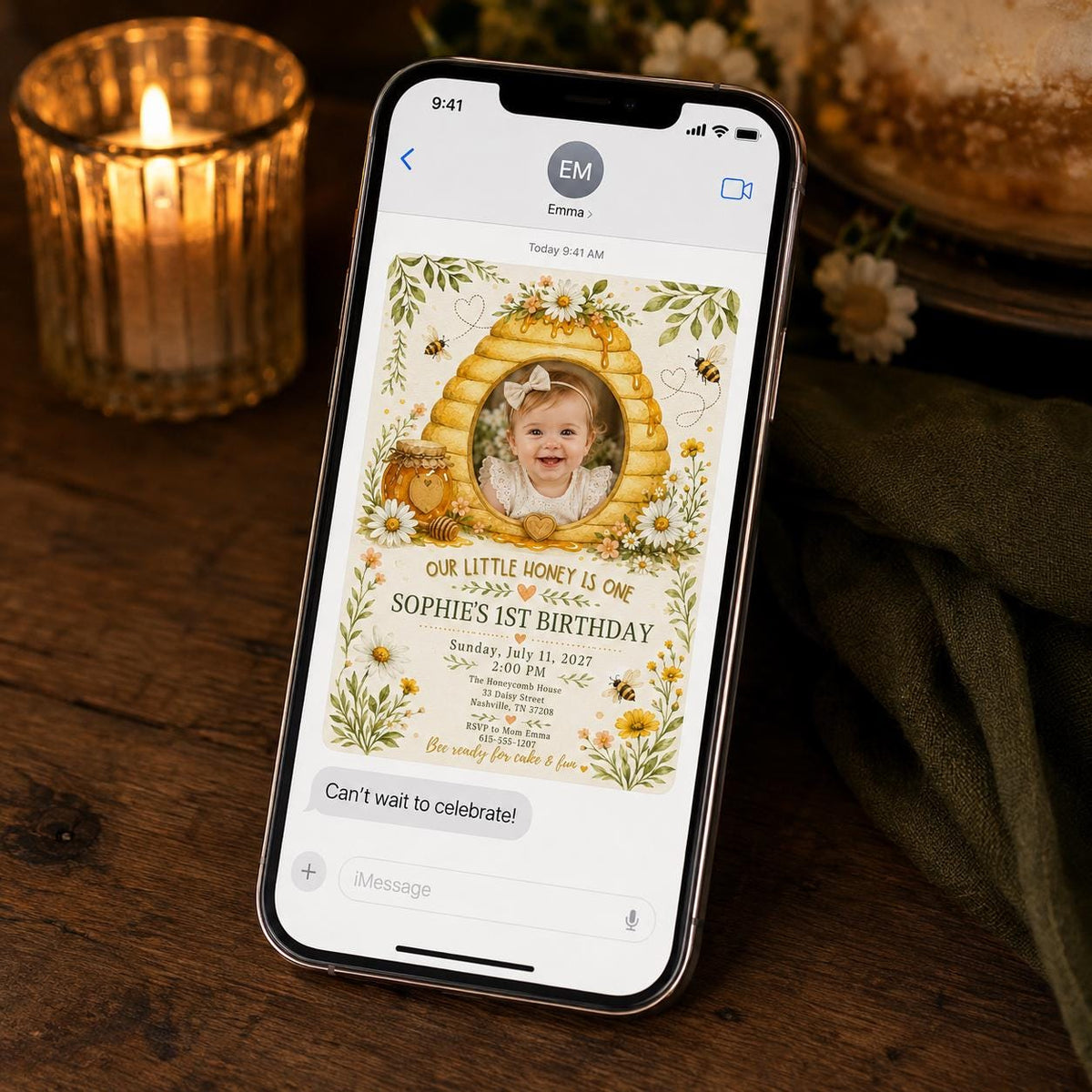 Honey Bee First Birthday Invitation — daisy design