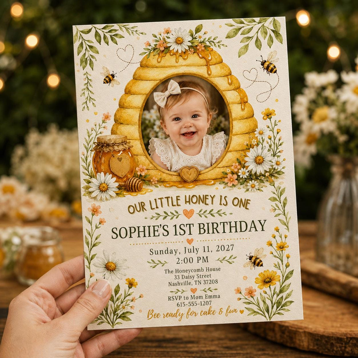 Honey Bee First Birthday Invitation — invitation you personalize in Canva