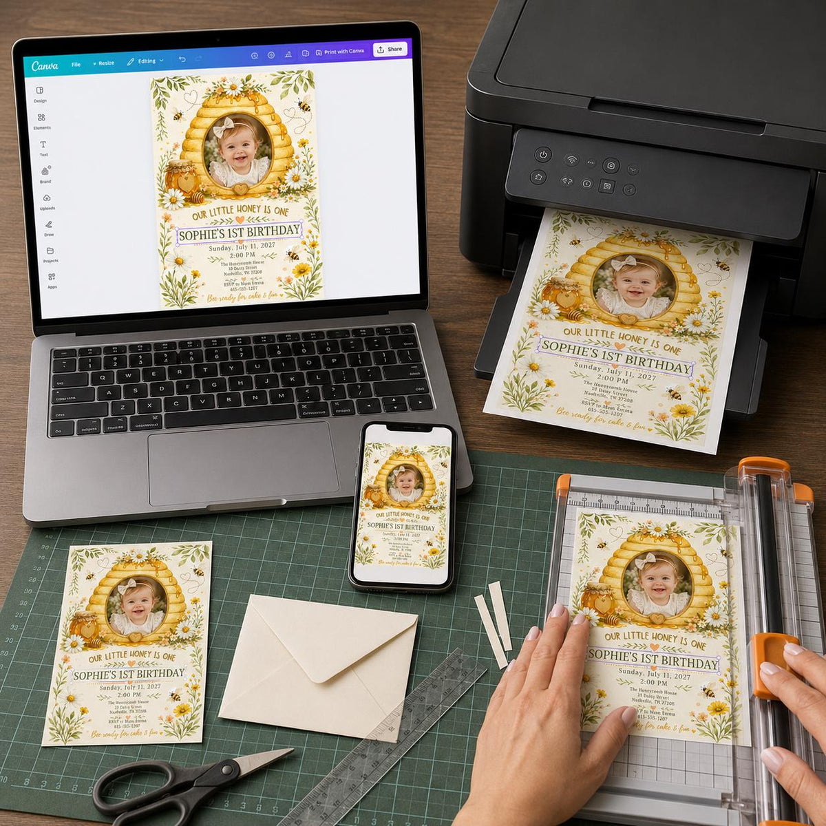 Honey Bee First Birthday Invitation — print-ready first birthday design from VoltBy