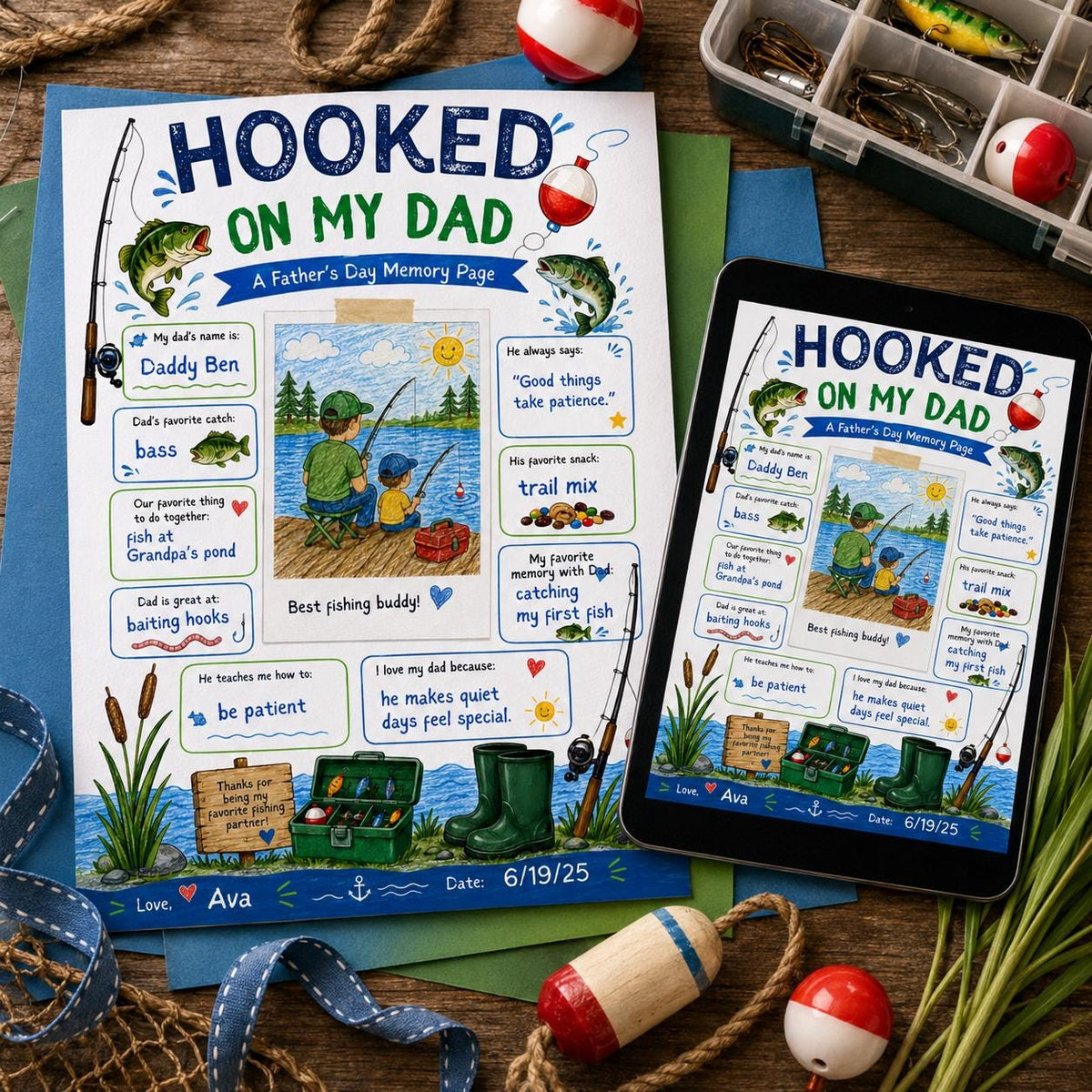 Hooked on My Dad Father's Day Fishing Worksheet in blue and green