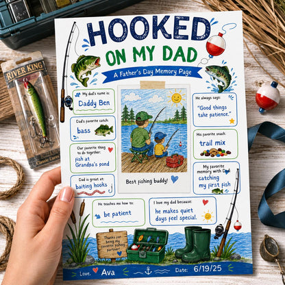 Hooked on My Dad Father's Day Fishing Worksheet — printable worksheet you personalize in Canva