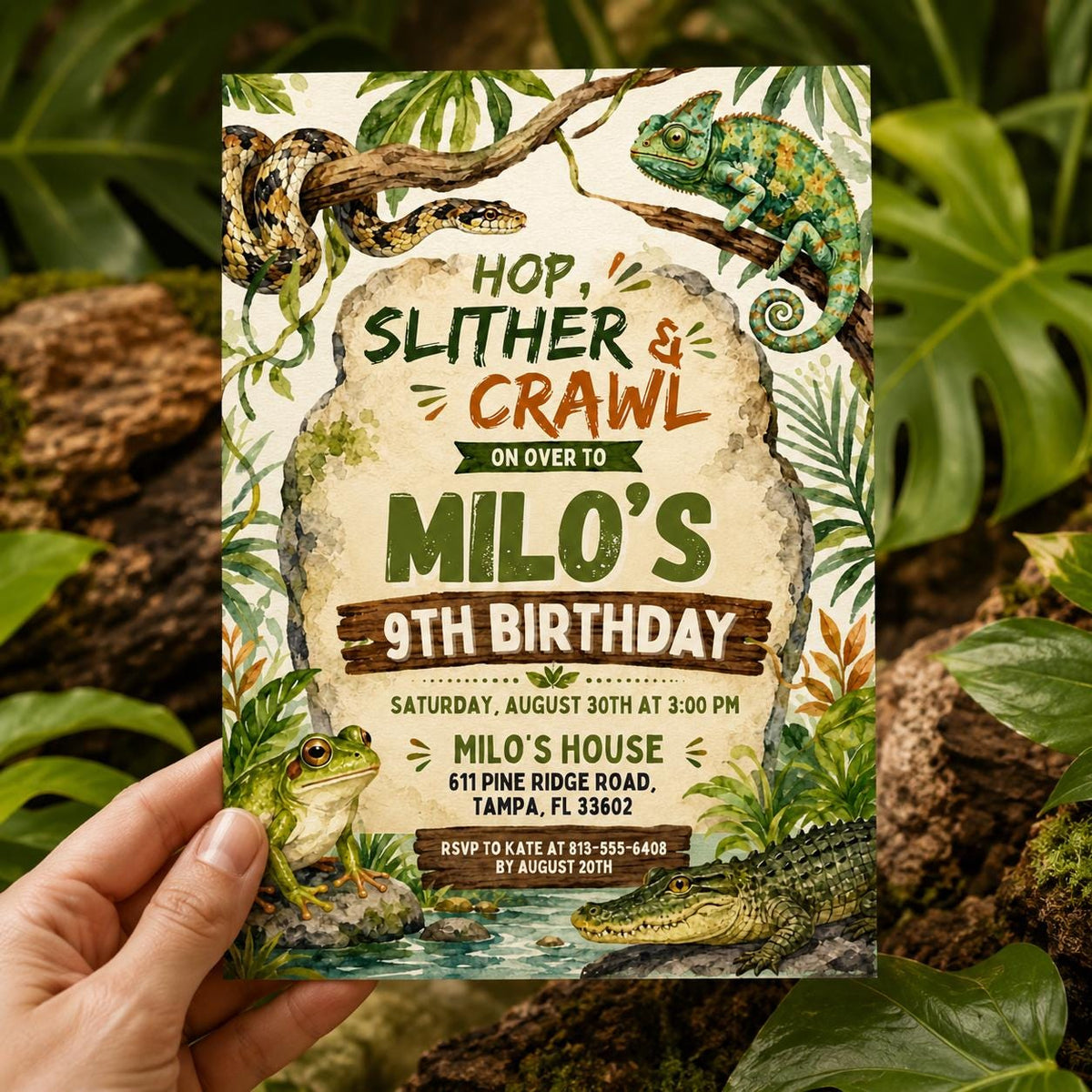 Hop Slither and Crawl Reptile 9th Birthday Invitation in brown cream