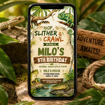 Hop Slither and Crawl Reptile 9th Birthday Invitation — safari design