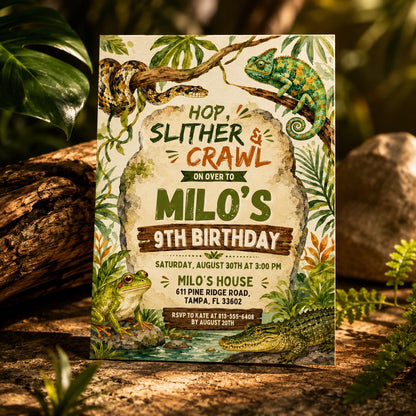 Hop Slither and Crawl Reptile 9th Birthday Invitation — invitation you personalize in Canva