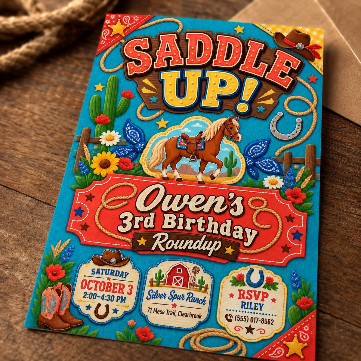 Horse Cowboy 3rd Birthday Invitation — invitation you personalize in Canva