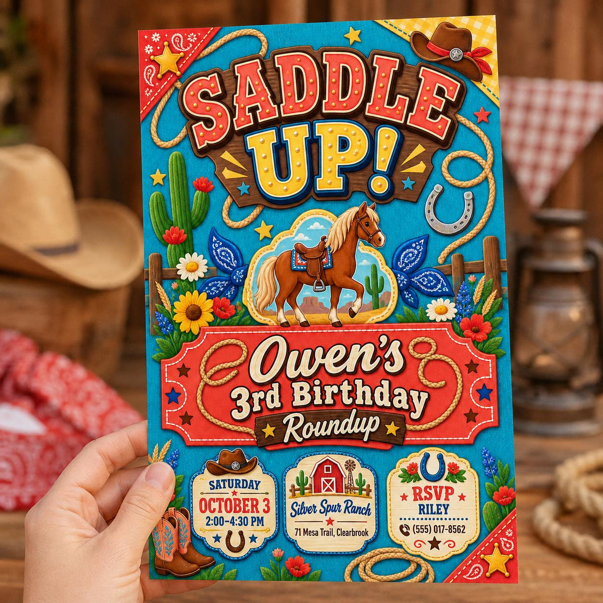Horse Cowboy 3rd Birthday Invitation — digital invitation, instant download