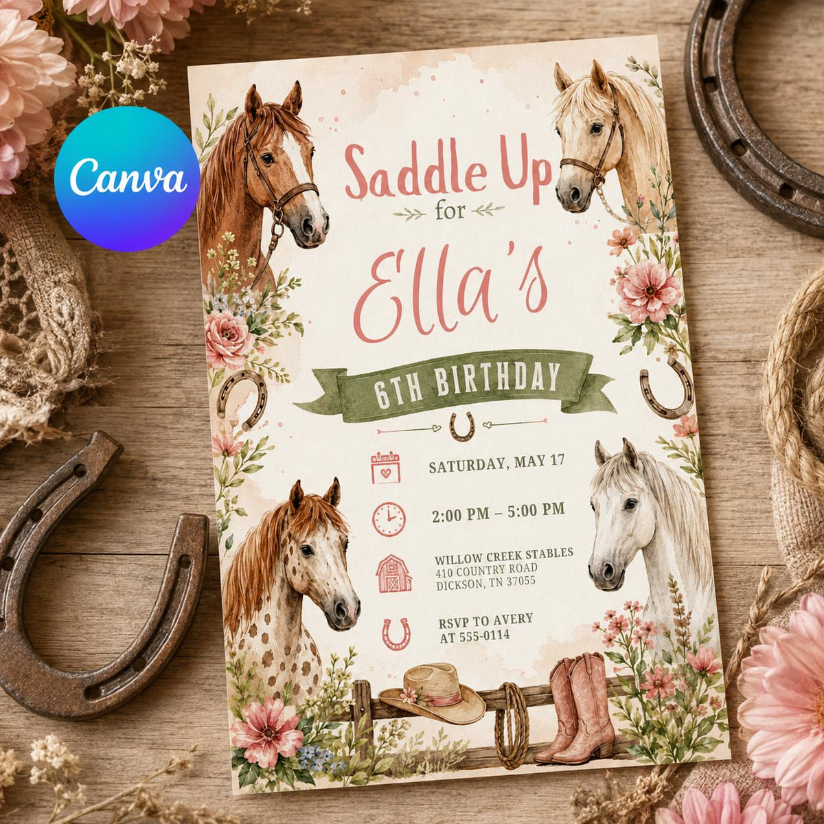 Horse Saddle Up 6th Birthday Invitation — invitation you personalize in Canva