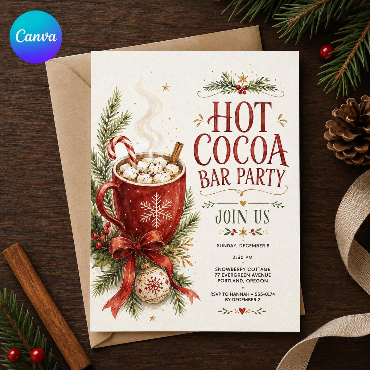 Hot Cocoa Bar Party Invitation — editable Canva template