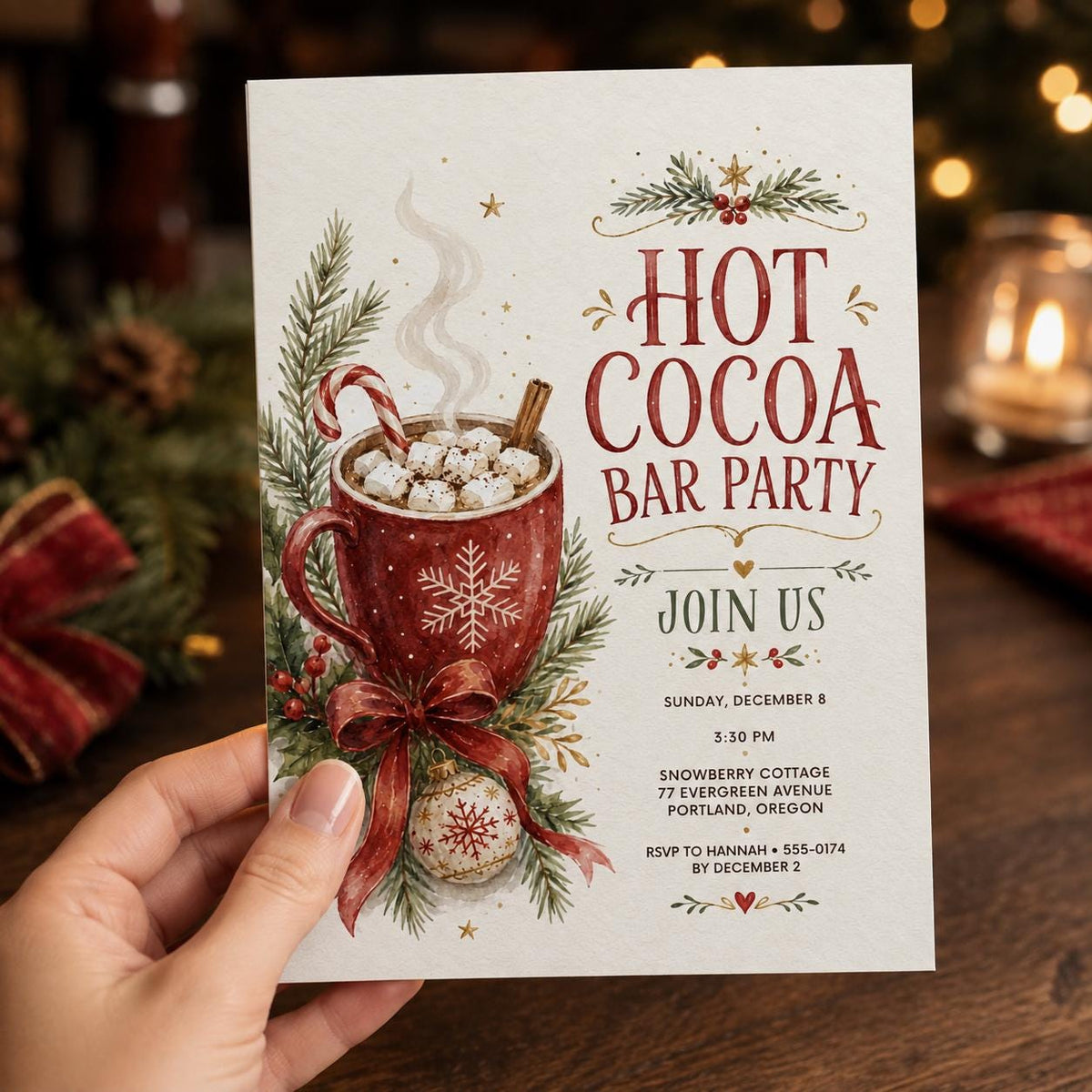 Hot Cocoa Bar Party Invitation — print-ready Christmas celebration design from VoltBy