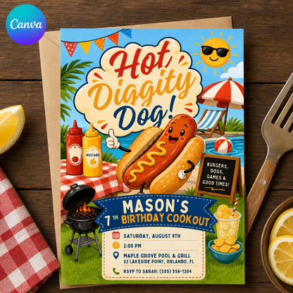 Hot Diggity Dog 7th Birthday Invitation for Boys — editable Canva template