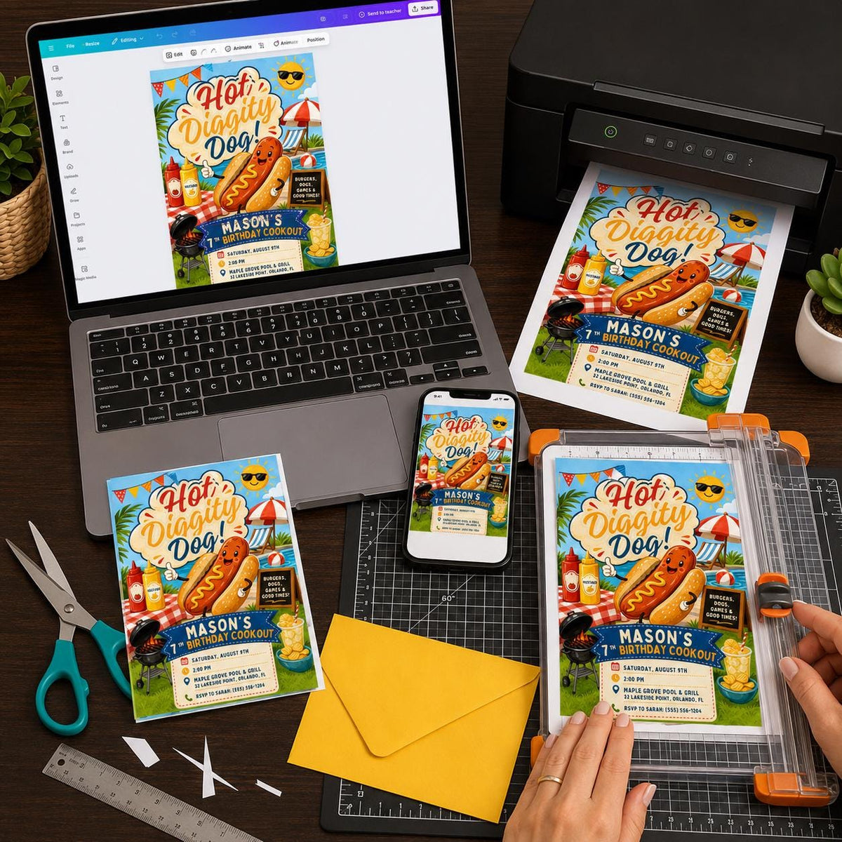 Hot Diggity Dog 7th Birthday Invitation for Boys — BBQ and pool design