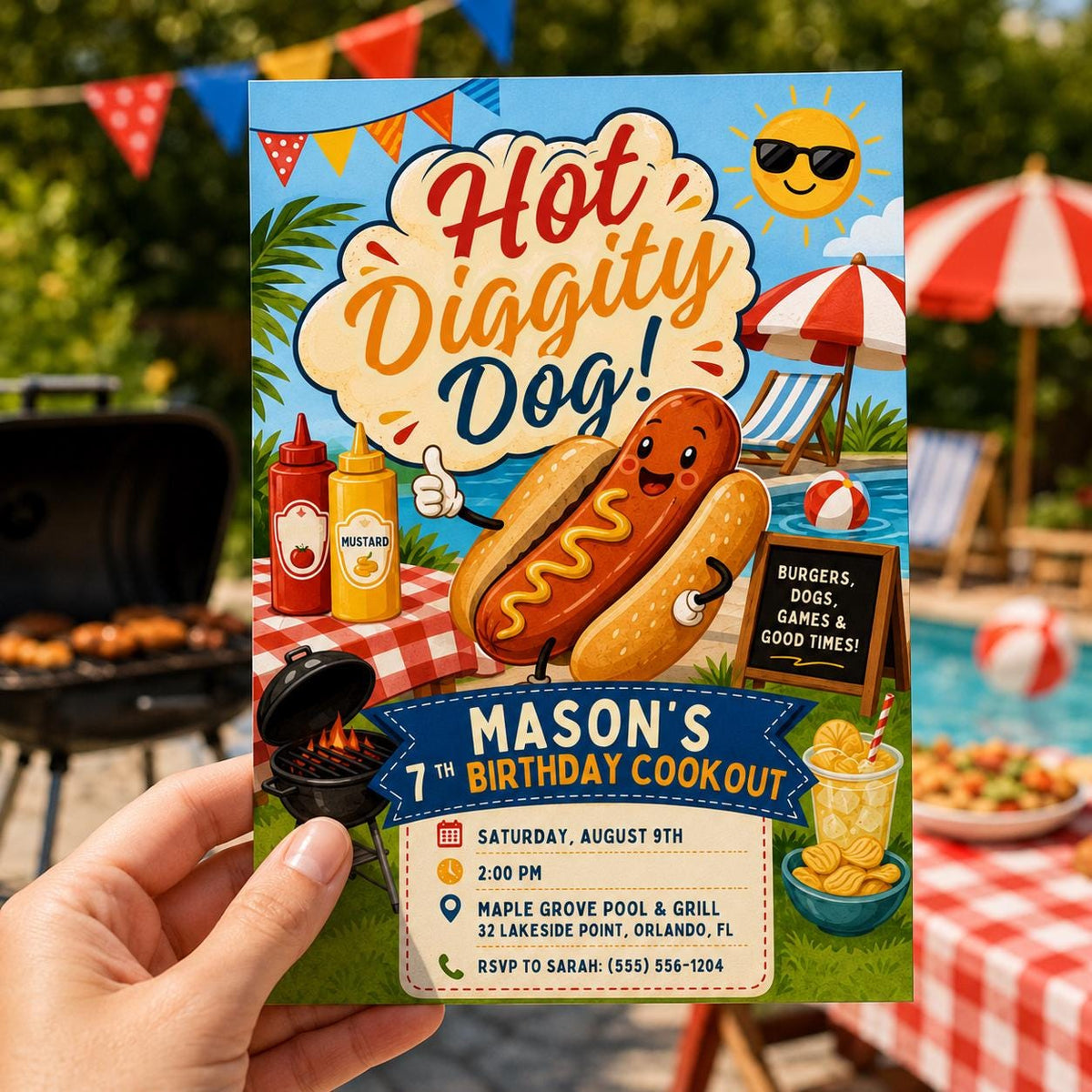 Hot Diggity Dog 7th Birthday Invitation for Boys — print-ready 7th birthday party design from VoltBy