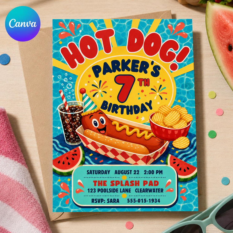 Hot Dog 7th Birthday Invitation
