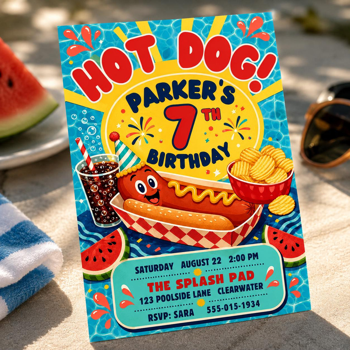 Hot Dog 7th Birthday Invitation — BBQ design