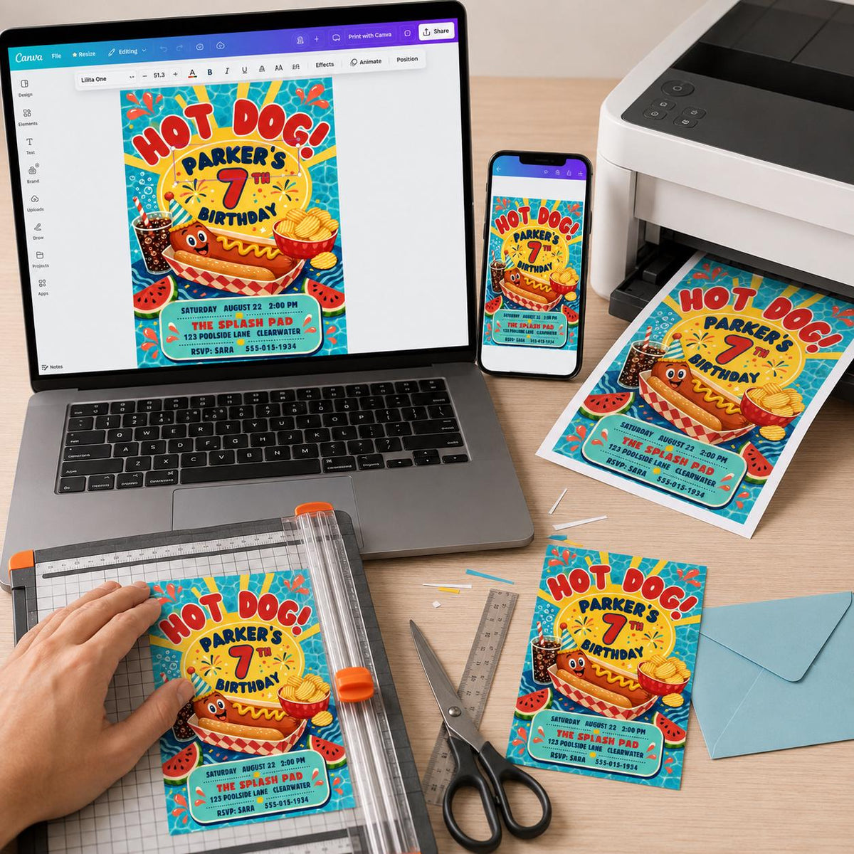 Hot Dog 7th Birthday Invitation — invitation you personalize in Canva