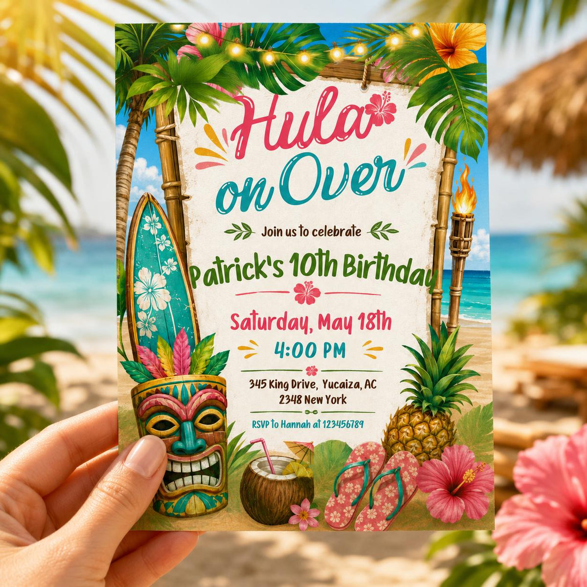 Hula on Over Tropical 10th Birthday Invitation — beach and hibiscus artwork in blue and green