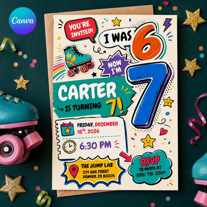 I Was 6 Now I'm 7 7th Birthday Invitation — editable Canva template