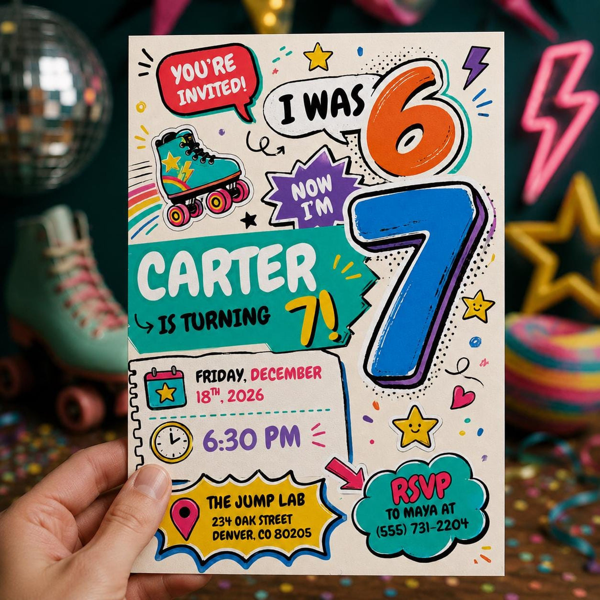 I Was 6 Now I'm 7 7th Birthday Invitation in colorful