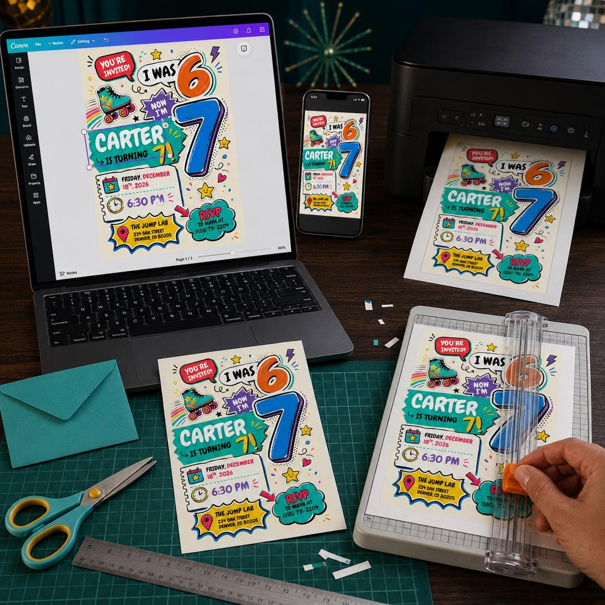 I Was 6 Now I'm 7 7th Birthday Invitation — roller skate design