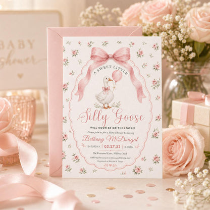 Silly Goose Baby Shower Invitation, Coquette Bow Goose Baby Shower Invite, Preppy Girl Baby Shower Editable Printable TemplateDownload Canva __etsy:7957898912