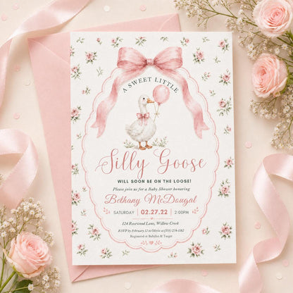 Silly Goose Baby Shower Invitation, Coquette Bow Goose Baby Shower Invite, Preppy Girl Baby Shower Editable Printable TemplateDownload Canva __etsy:7957898920
